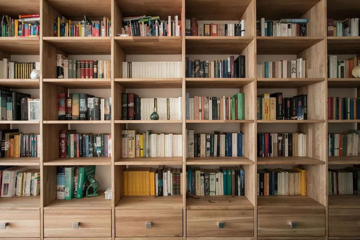 Floor to ceiling oak built-in bookcase wall with drawer bases, the kind of built-in fitted in Mobile AL homes