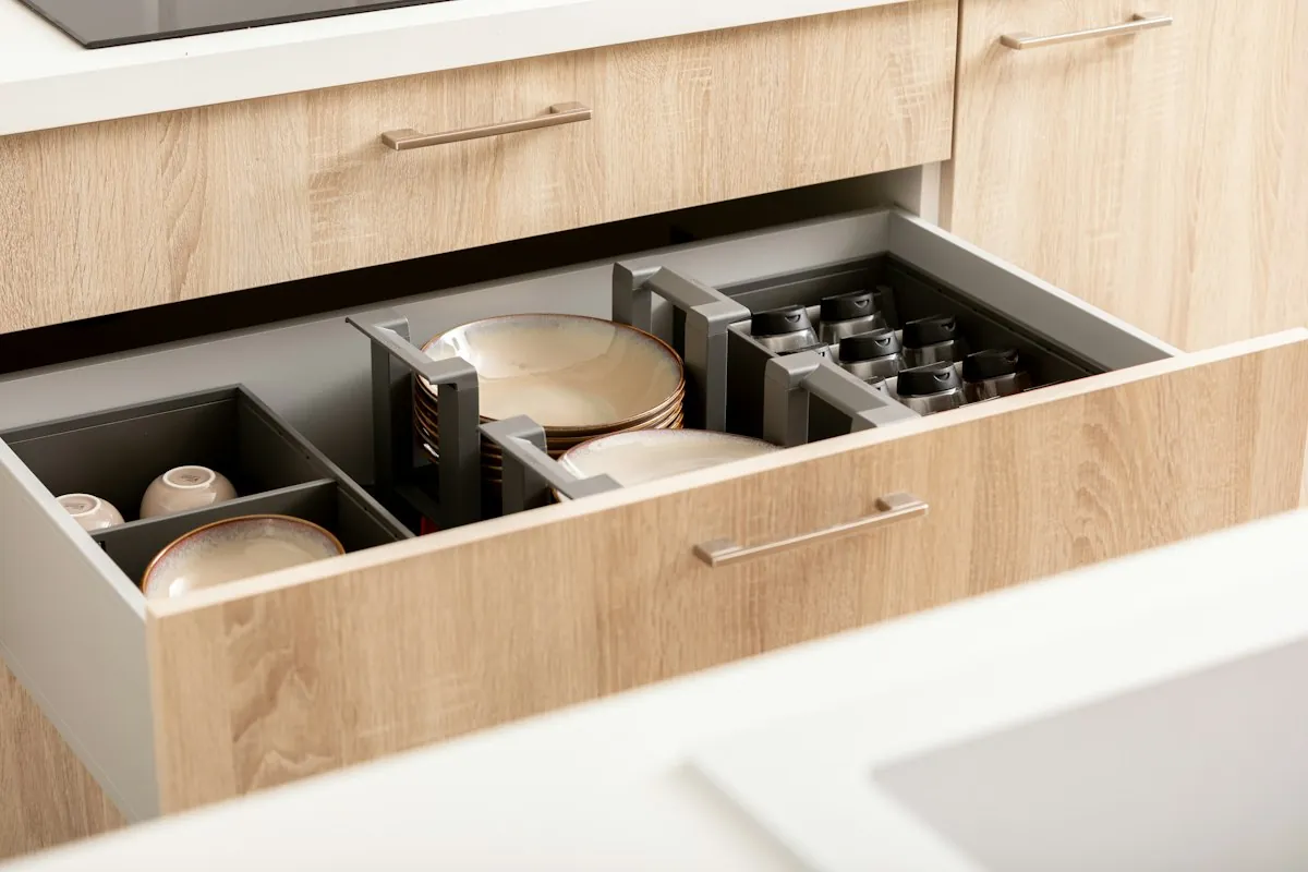 An open cabinet drawer with adjustable dividers holding crockery, the fitting approach used in Mobile AL vanity drawers