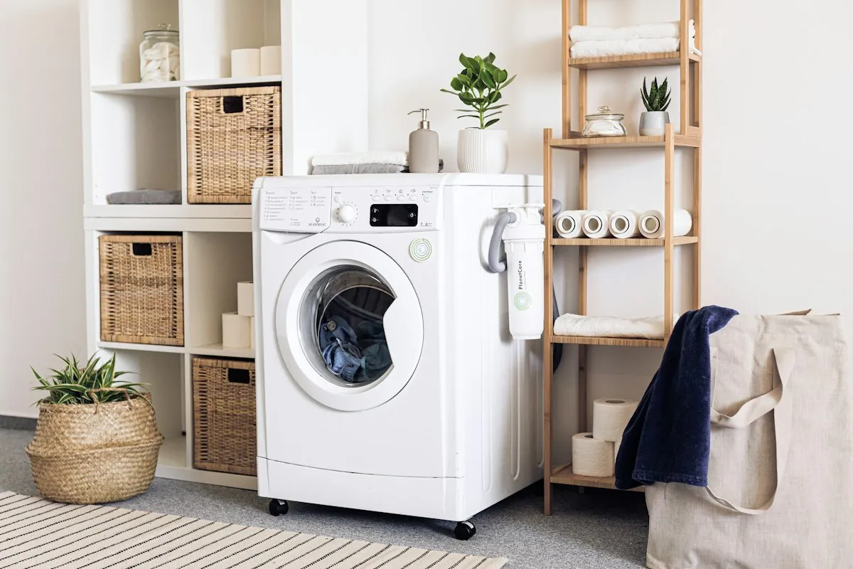 Open shelving and storage baskets beside a washing machine in a Mobile AL laundry room