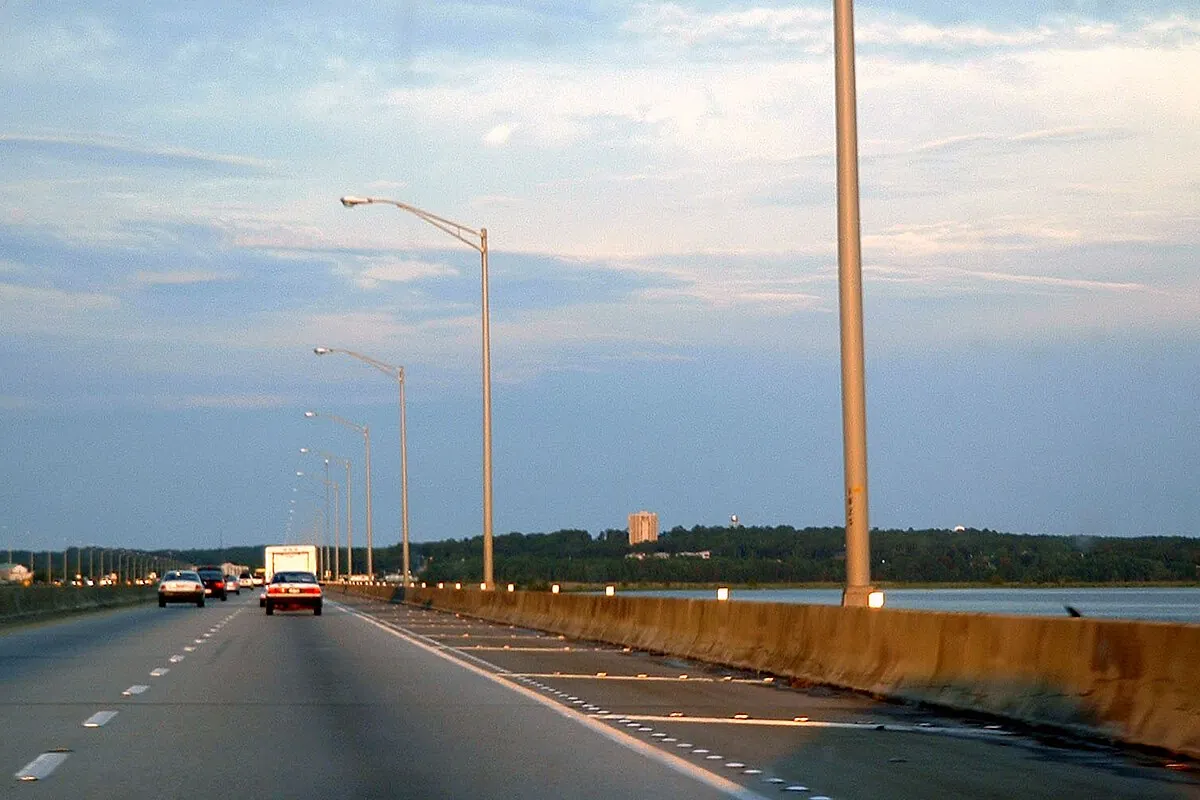 The I-10 Bayway crossing Mobile Bay at dusk toward the Eastern Shore near Mobile AL