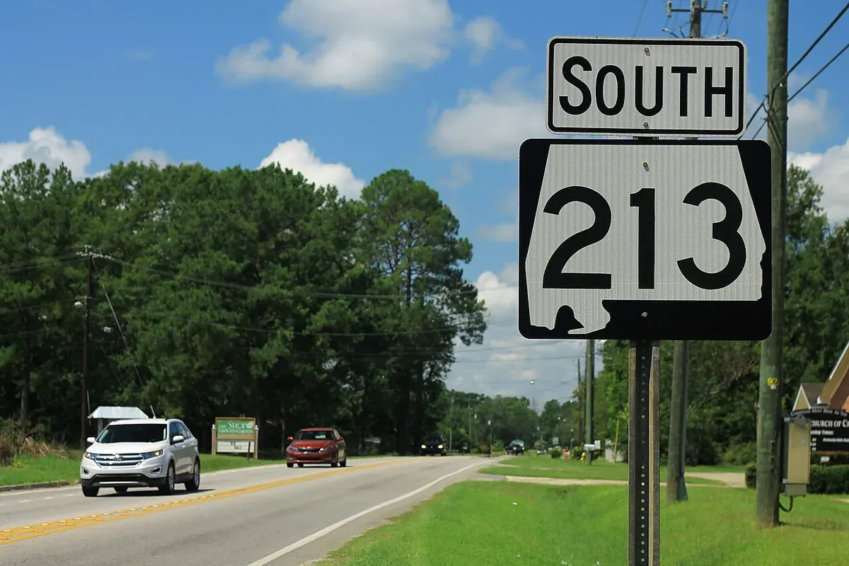 Alabama 213 south through Saraland AL, lined with pines, with traffic and roadside signs