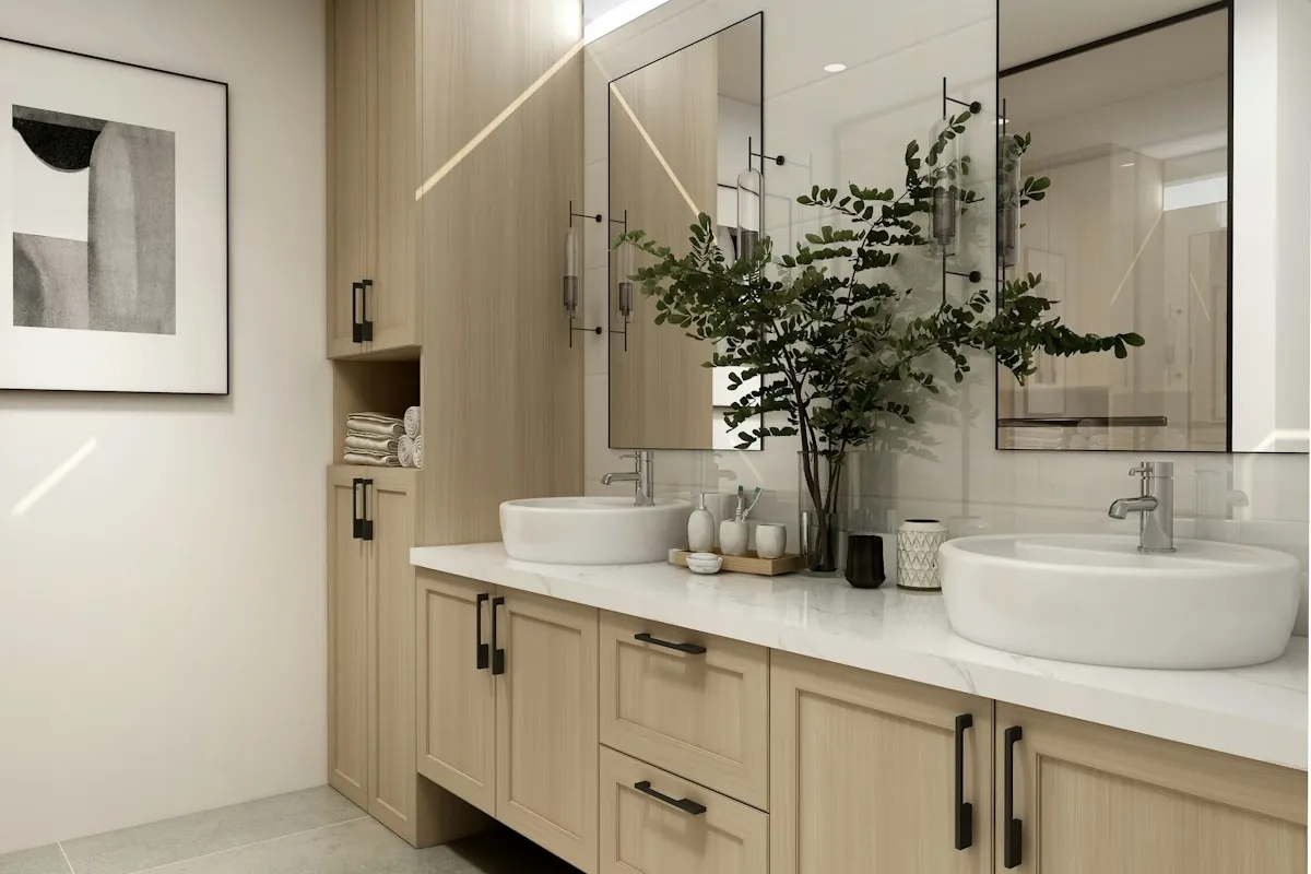 A light oak double bathroom vanity with shaker doors and a tall linen cabinet in a Mobile AL bathroom